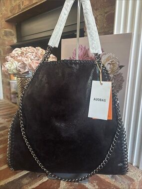 Auobag Women's Black Tote w/Gunmetal Chain-Trim Tote
